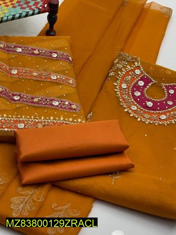 3 Pcs Women's Unstitched Fancy Organza Cut-work Embroidered Suit