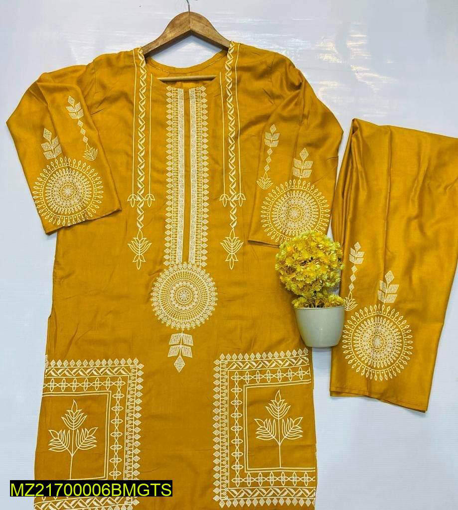 2 Pcs Women's Stitched Linen Block Printed Suit