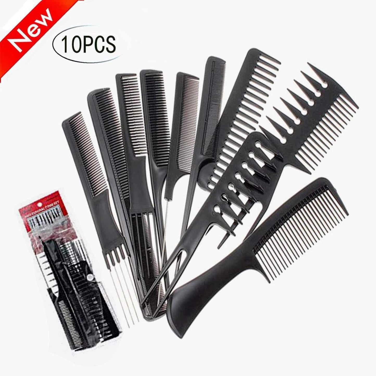 10 Pcs Hair Comb Set Detangler and Styling Tools in Black Plastic